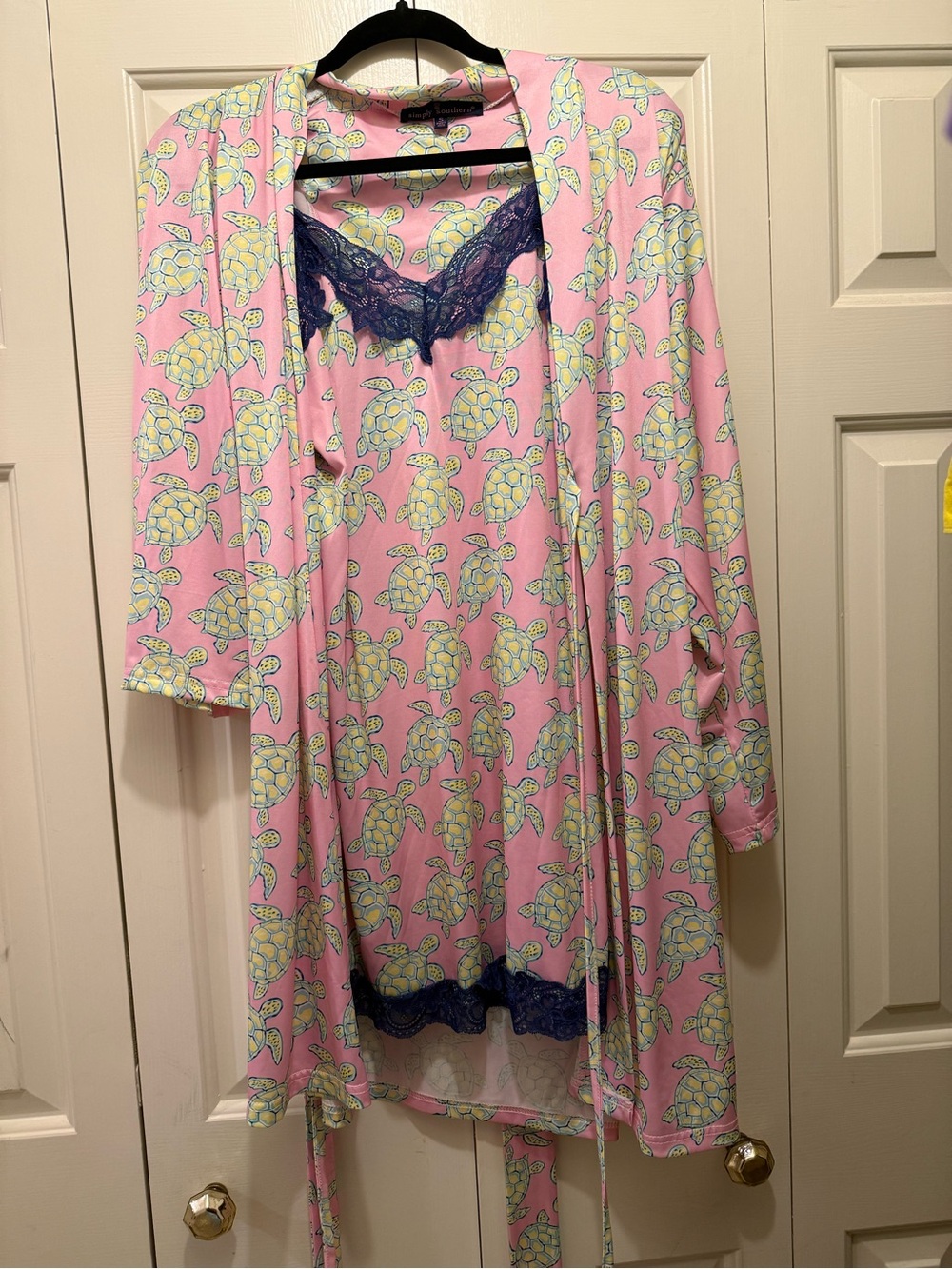Simply Southern Pink Turtle Print Nightgown & Robe Set with Navy Lace